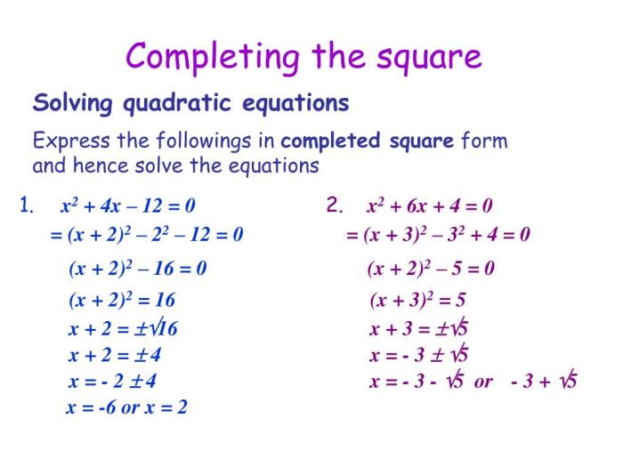 Square completing equation quadratic solve